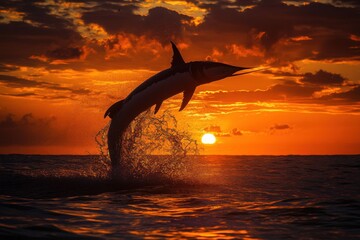 Swordfish Leaping Out of Ocean at Vibrant Sunset