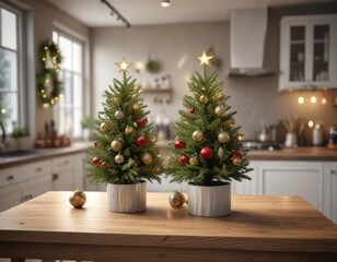 A festive Christmas tree centerpiece sits on a modern kitchen console table, greenery centerpiece, festive centerpieces