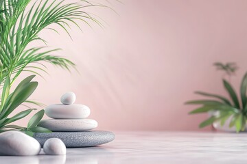 Obraz premium Zen stones and plants on pink background