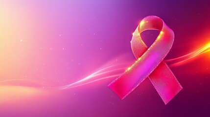 Luminous cancer ribbon in vibrant pink, displayed on a clean background with smooth pastel gradients and glowing light accents
