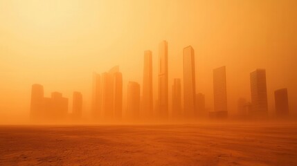 Obraz premium City under a massive sandstorm, buildings fading into golden haze, natures dominance, atmospheric imagery