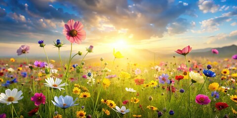 Fototapeta premium A field of fragrant wildflowers swaying gently in the breeze, rural, vibrant, yellow