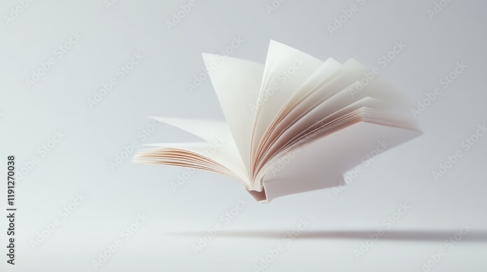 Poster Open book with white pages is levitating on a minimalist white background, creating a surreal and captivating image that evokes imagination, knowledge, and the magic of reading