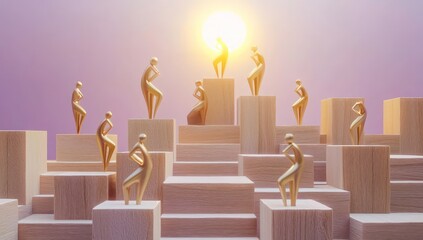 Light oak blocks arranged as steps, with golden abstract figures ascending toward a glowing sun