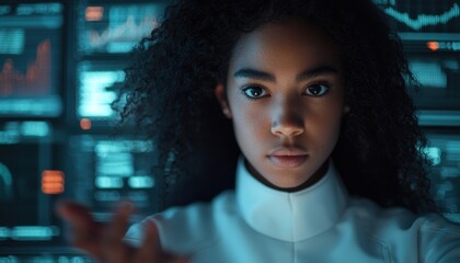 Young Woman Engaged with Digital Interface and Technology Display