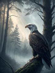 Fototapeta premium Majestic bald eagle surveys a misty forest from its vantage point on a weathered branch at dawn