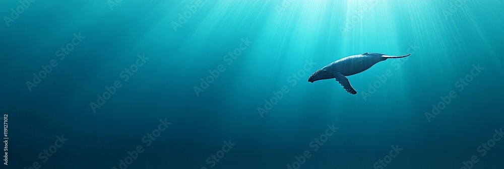 Poster sunbeams filtering through the water illuminate a humpback whale swimming gracefully in the vast dep