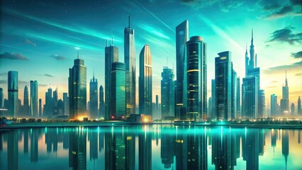 A futuristic cityscape at dusk with a teal sky and skyscrapers, steel, building