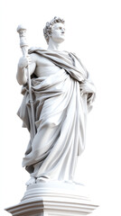 A classic white marble statue depicting a regal figure holding a staff, showcasing fine craftsmanship and historical significance.