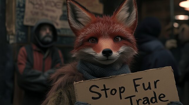 A red fox with a blue scarf holds a sign that says "Stop Fur Trade" and looks directly at the camera.