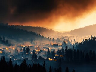 Obraz premium Wildfire ashes raining down on a sleeping town, symbolic of danger and calm before realization