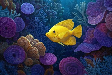 Lively yellow tang fish in vibrant coral reef environment