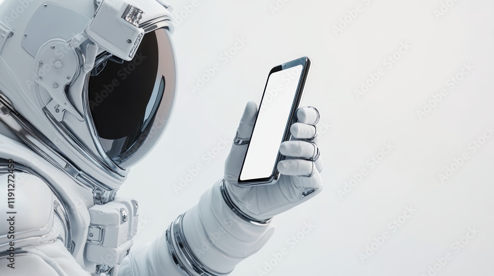 Poster astronaut using a blank screen smartphone in space.
