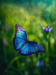 A blue butterfly gracefully spreads its wings against a green backdrop