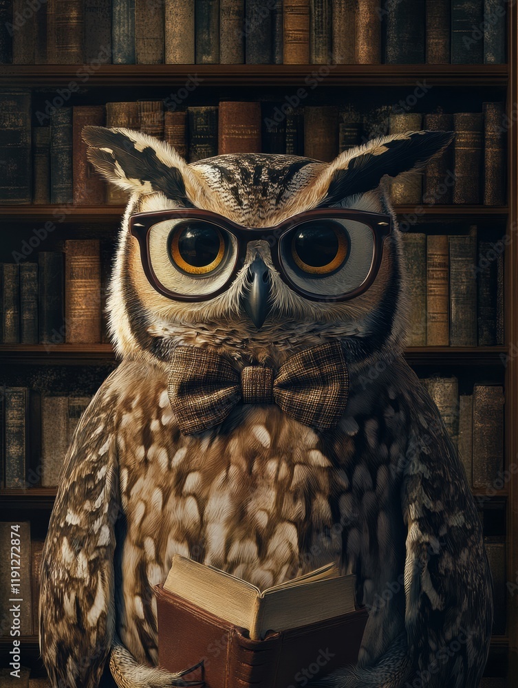 Aufkleber owl wearing glasses and a bow tie reading a book in front of a grand bookshelf filled with old liter
