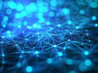 Blue digital interface showcasing network connections and data points with soft lighting