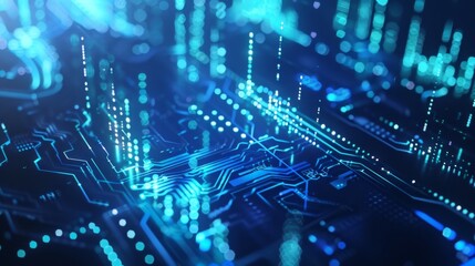 Blue digital interface showcasing data visualization and blockchain connectivity