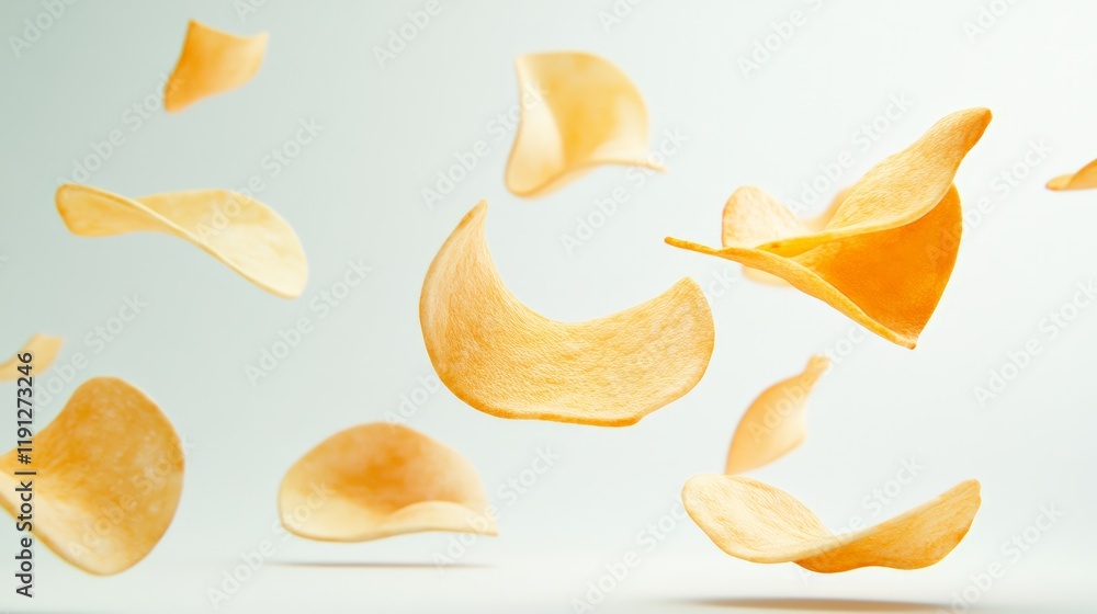 Poster thinly sliced and perfectly fried potato chips gracefully levitate against a clean white backdrop, c