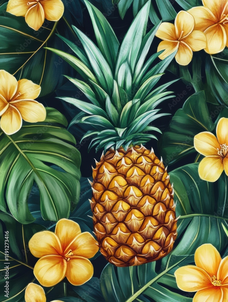 Aufkleber vibrant tropical pattern with pineapples and flowers set against lush green foliage creating an exot