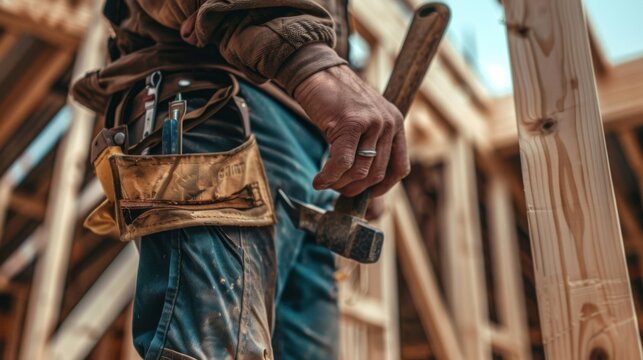A close-up of a construction worker with a hammer and nails, standing in front of a wooden framework, looking at the camera
