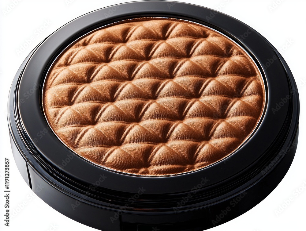 Poster close up view captures fine details of compact face powder in soft caramel shade. delicate embossed 