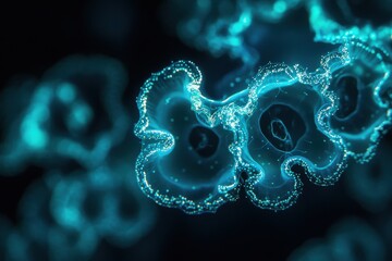 Dramatic closeup macro photo of glowing bioluminescent plankton