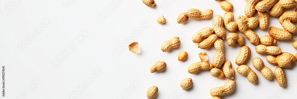 Poster Numerous peanuts in shells are falling onto a white surface, creating a visually appealing and dynamic composition with some shells open and some closed, showcasing the nuts inside