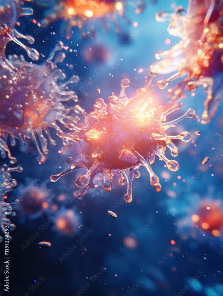 Poster antibodies target glowing viruses in a vibrant display of immune response. generative ai