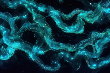 Dramatic closeup macro photo of glowing bioluminescent plankton