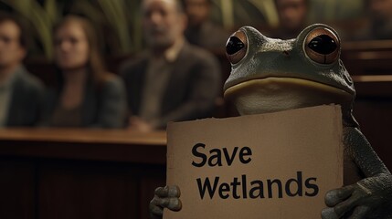 A frog holding a sign that says "Save Wetlands" in front of a courtroom.