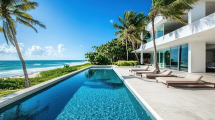 Fototapeta premium Modern villa with large swimming pool surrounded by palm trees close to quiet beach background wallpaper AI generated image