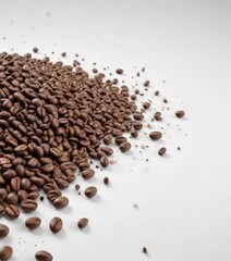A heap of fallen coffee beans on a plain white background , falling coffee beans, coffee ground