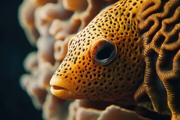 Detailed macro photography captures boxfish and corals textures with lighting