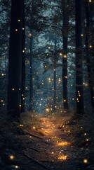 Fototapeta premium Enchanting Woodland Aglow with Mystical Fireflies Illuminating the Twilight Forest Landscape A Fairytale like Scene of Natural Wonder and Captivating Ambience
