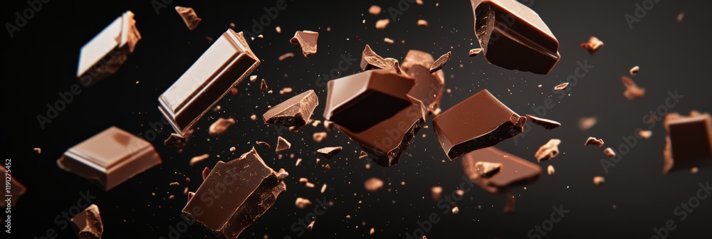 Aufkleber Many delicious chocolate chunks and pieces of different sizes are floating and rotating on a dark background, creating a visually appealing and tempting scene for chocolate lovers