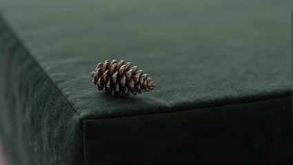 Shimmering silver pinecone on dark green velvet surface with metallic accents catching the light