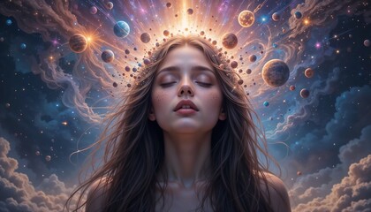 Serene Woman with Celestial Vortex Crown in Mystical Universe