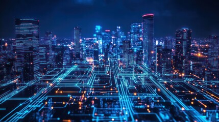 Naklejka premium Futuristic Smart cyberpunk city future modern technology metropolis infrastructure background wallpaper AI generated image