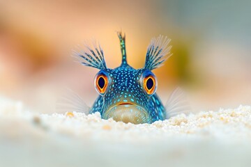 Macro closeup of combtooth blenny in sand vibrant details