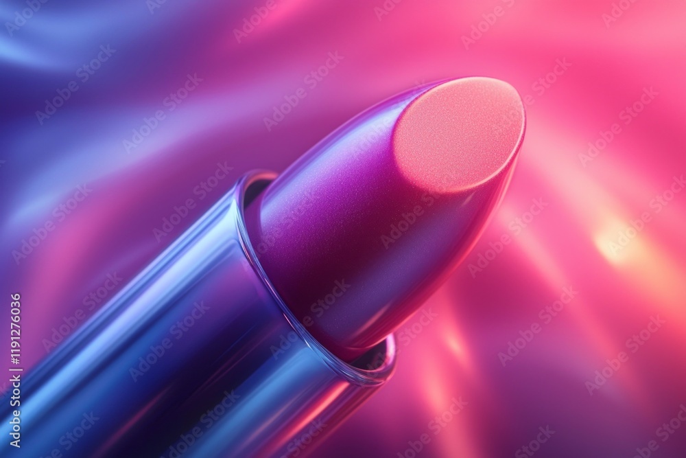 Poster gradient lipstick bullet transitions from light pink deep purple presented creamy texture and enhanced soft lighting in simple setting.