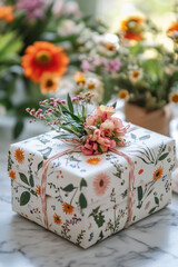 Gift box with floral patterned paper and adorned with flowers