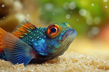 Macro closeup of combtooth blenny in sand vibrant details