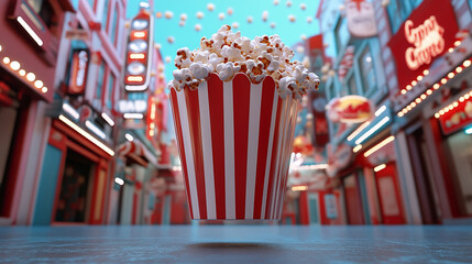 3d rendered popcorn in red and white striped movie theater bucket with caramel and buttery flavors in cinematic street scene featuring floating containers and whimsical popcorn textures
