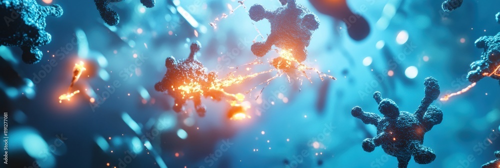 Leinwandbilder Visualized antibodies engaging with glowing viruses in a dynamic biological interaction. Generative AI