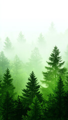 A serene forest landscape enveloped in soft mist, showcasing lush green trees and a tranquil atmosphere, perfect for relaxation.