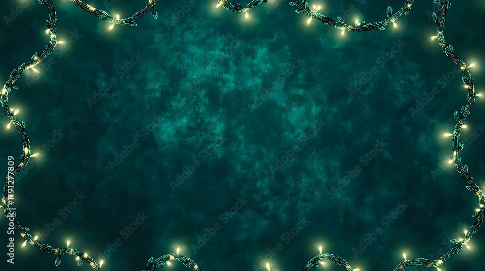 Poster decorative glowing garlands forming a seamless pattern on a deep emerald green background with subtl