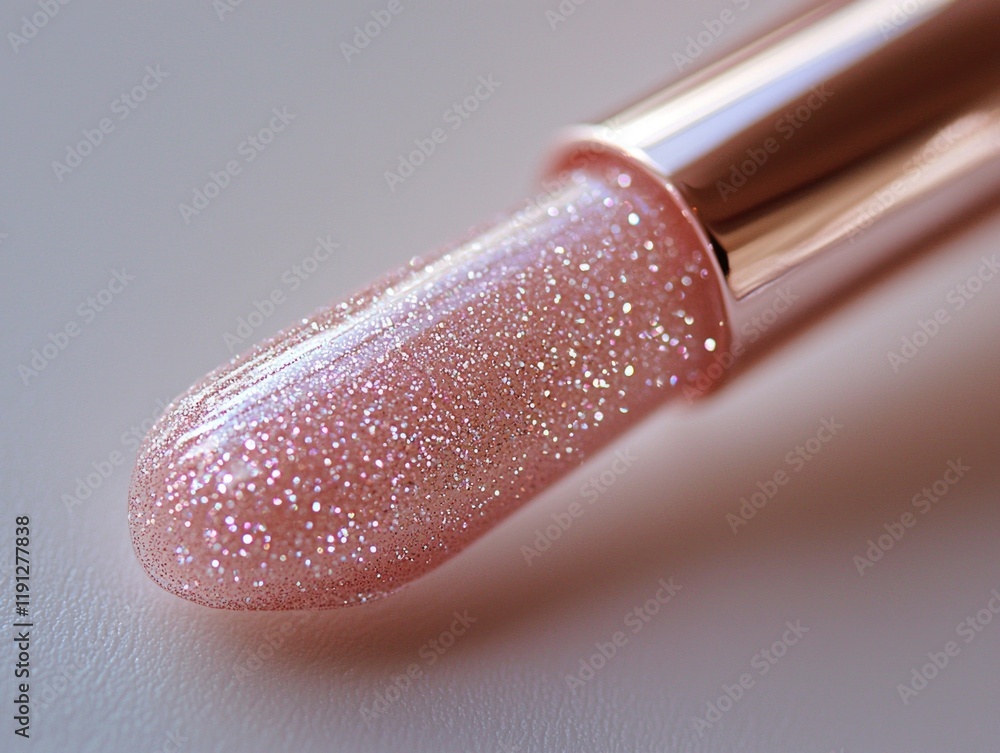 Poster macro view of lip gloss applicator dipped in shimmering rose gold gloss. gloss creates bead tip high