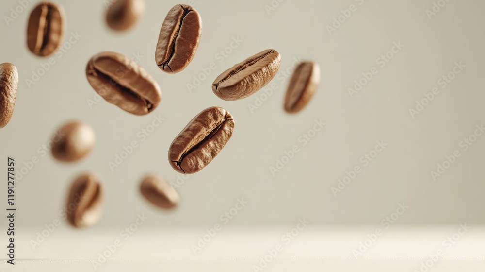 Poster roasted coffee beans are levitating on a minimalist light brown background, creating a visually appe