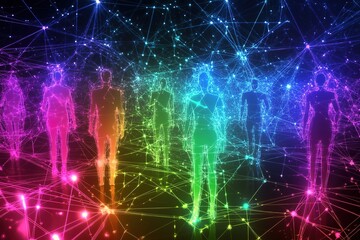 Networked figures in vibrant, colorful light