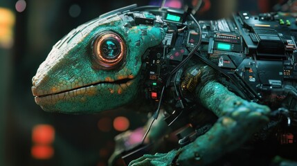 Fototapeta premium Chameleon reptile animal with modern cybernetic cyborg implant technology, background wallpaper AI generated image